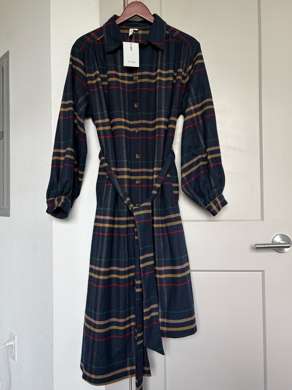 NWT ASOS PLAID TARTAN SHIRT BELTED ASYMMETRICAL DRESS LONG SLEEVE NAVY US 8